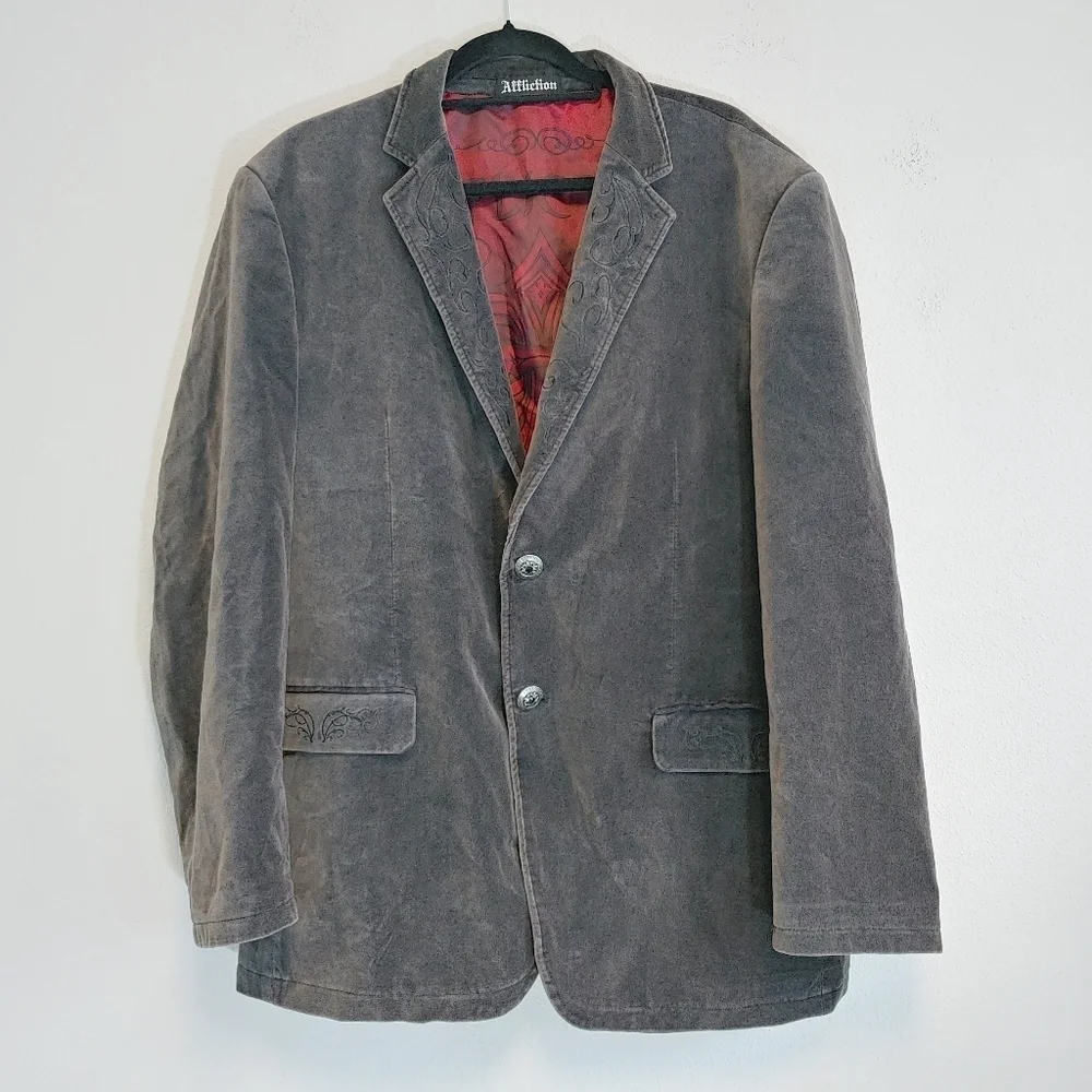 Affliction Men's Dark Green Gray Red Label Premium Cotton Sport Coat Sz 44/46
